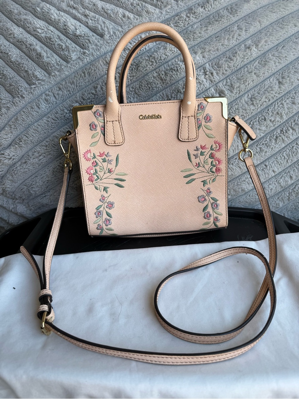 Calvin Klein Blush Pink Floral Embroidery Mini Satchel PROJECT/Repair Purse DIY